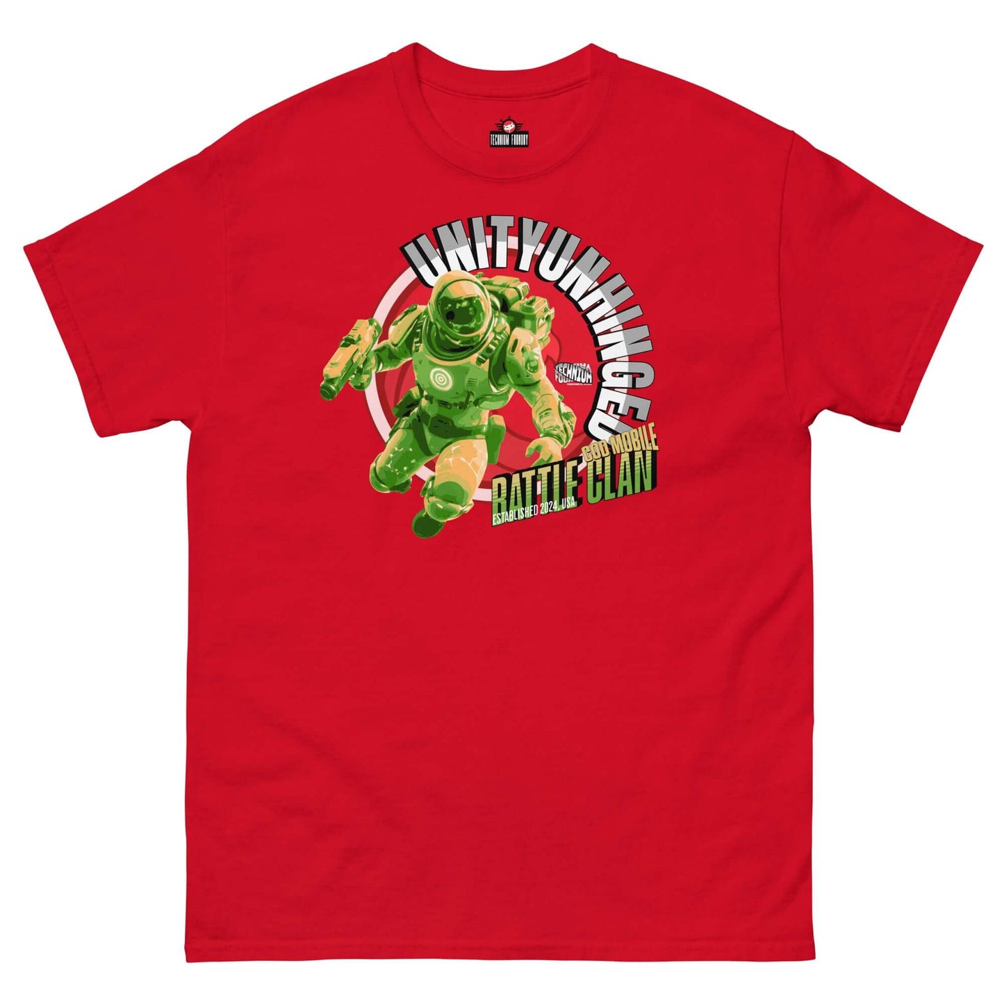 UNITYUNHINGED Battle Clan T-Shirt in red featuring combat-ready astronaut in green by Technium Foundry.