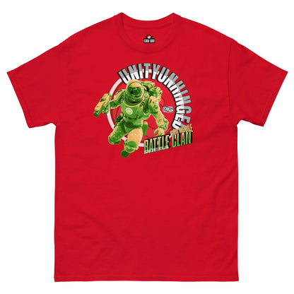 UNITYUNHINGED Battle Clan T-Shirt in red featuring combat-ready astronaut in green by Technium Foundry.