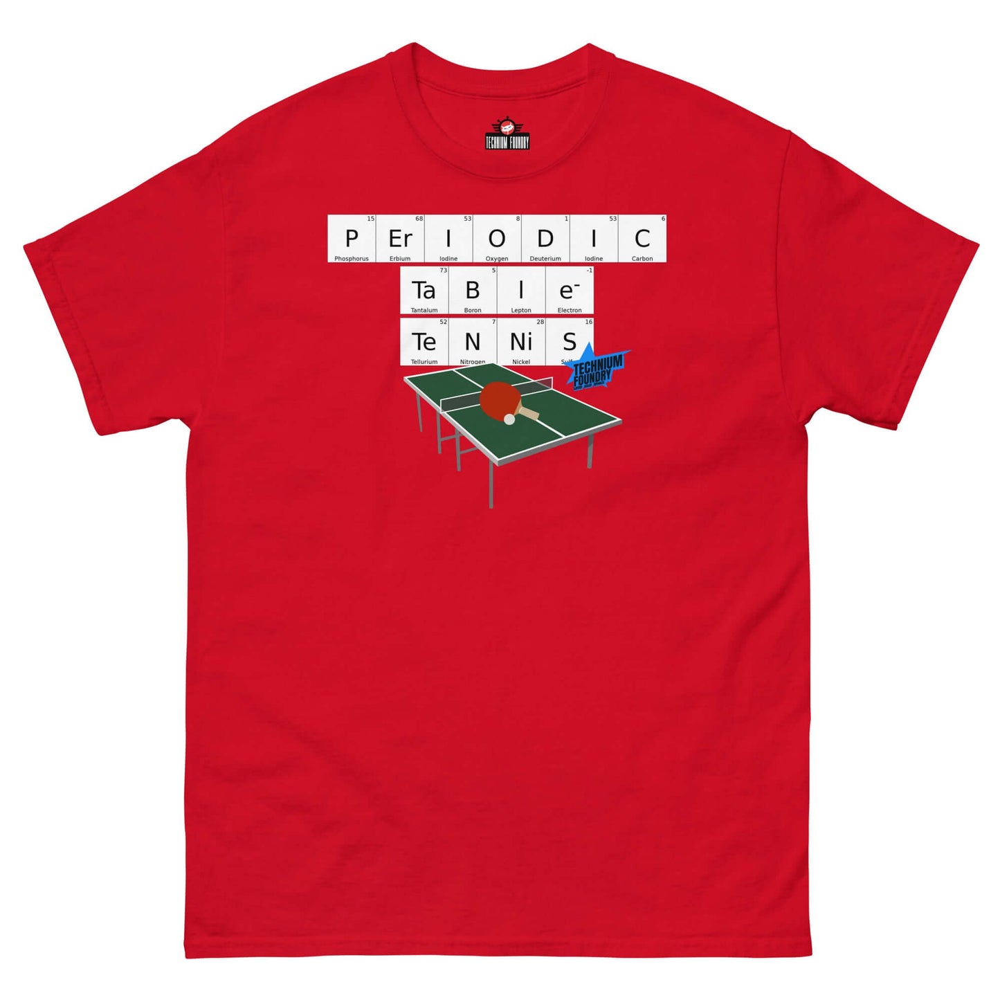 Red T-shirt featuring Periodic Table Tennis design by Technium Foundry, combining elements with a ping pong theme.