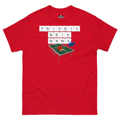 Red T-shirt featuring Periodic Table Tennis design by Technium Foundry, combining elements with a ping pong theme.