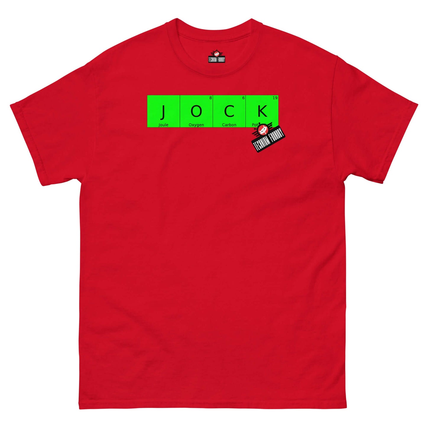 Red T-shirt with "JOCK" in periodic elements, featuring a small Amish DJ graphic by Technium Foundry. Premium cotton, durable print.