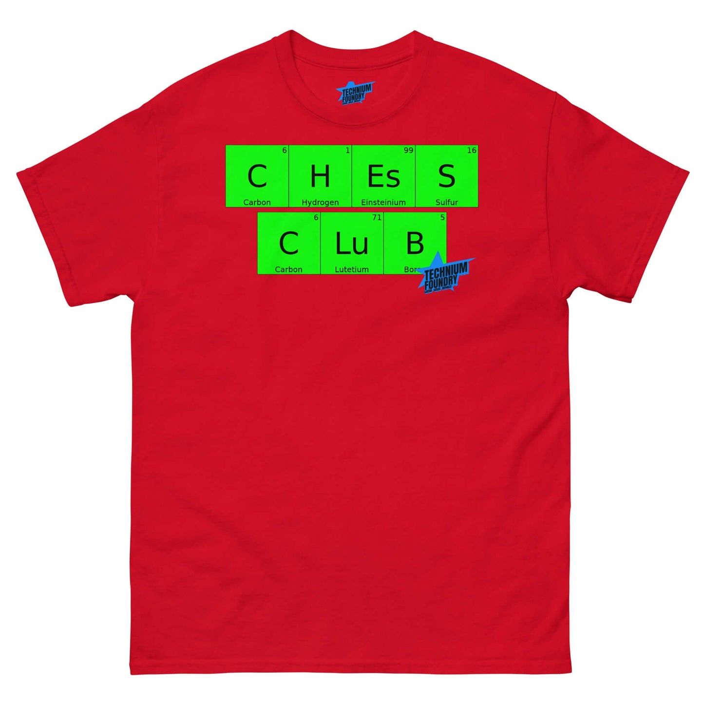 Red "Chess Club" T-shirt by Technium Foundry featuring periodic table elements design, combining chess and chemistry themes.