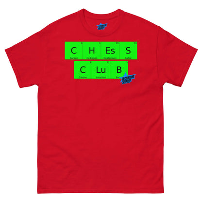 Red "Chess Club" T-shirt by Technium Foundry featuring periodic table elements design, combining chess and chemistry themes.