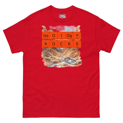 Red geology pun T-shirt by Technium Foundry featuring periodic elements design and landscape graphics.