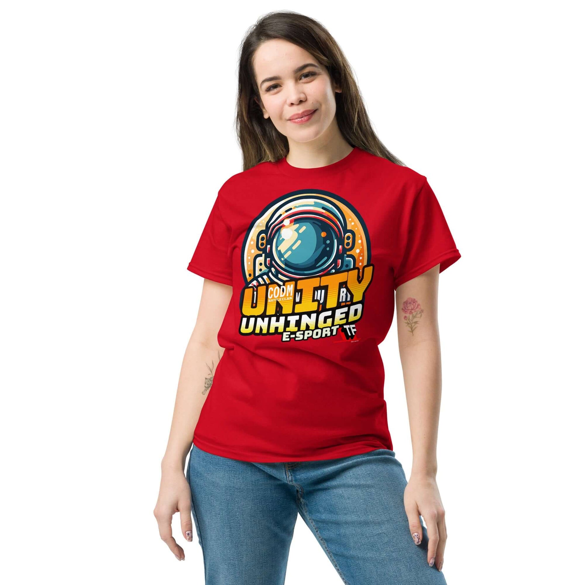 Woman wearing red UNITY UNHINGED E-Sports T-Shirt by Technium Foundry with custom astronaut design ideal for gaming clan supporters.