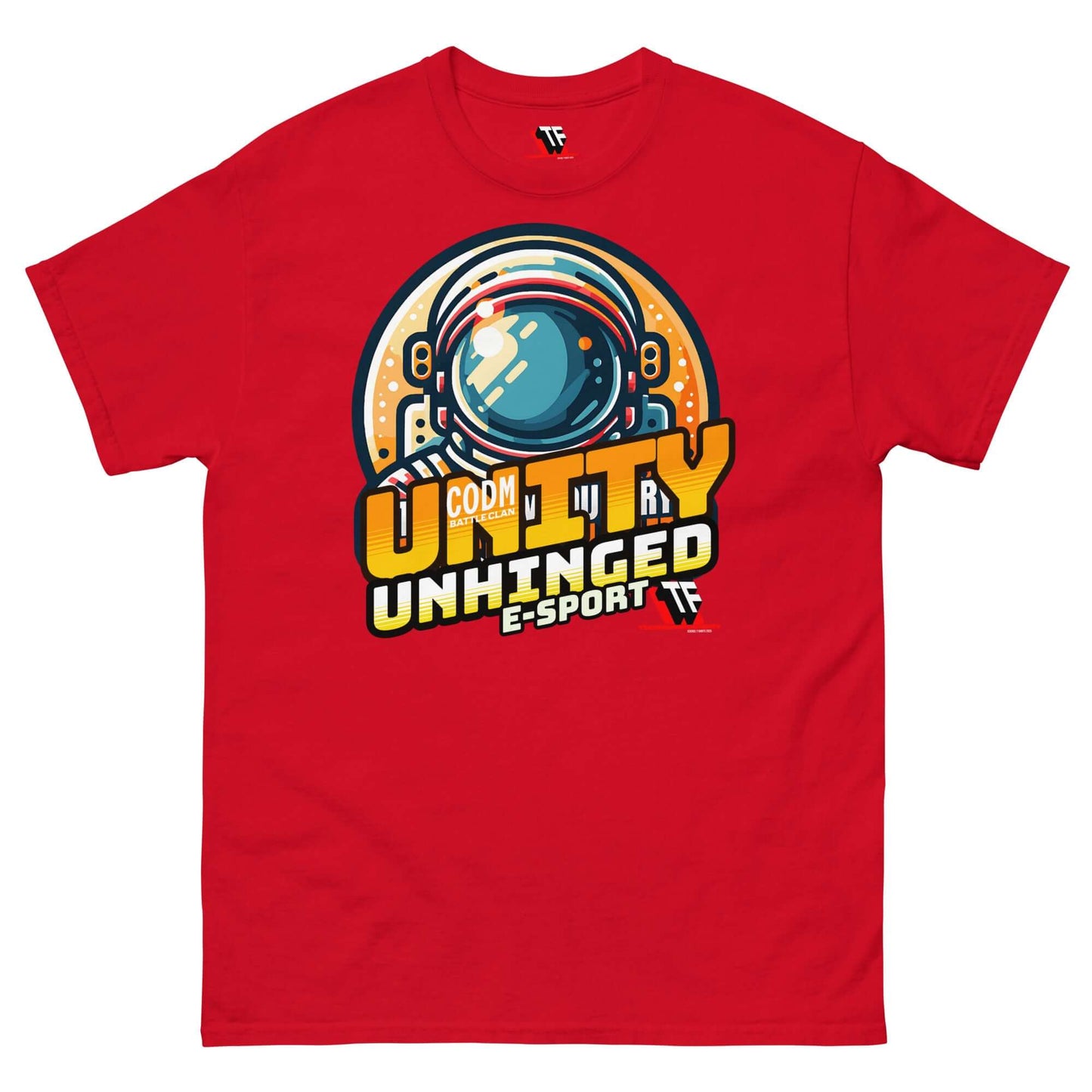 Red UNITY UNHINGED E-Sports T-Shirt with astronaut design by Technium Foundry, featuring CoD Mobile clan theme.