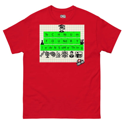 Red Technium Foundry T-shirt featuring periodic table elements spelling "TECHNIUM FOUNDRY" and "LEARN SOMETHING" with science icons.