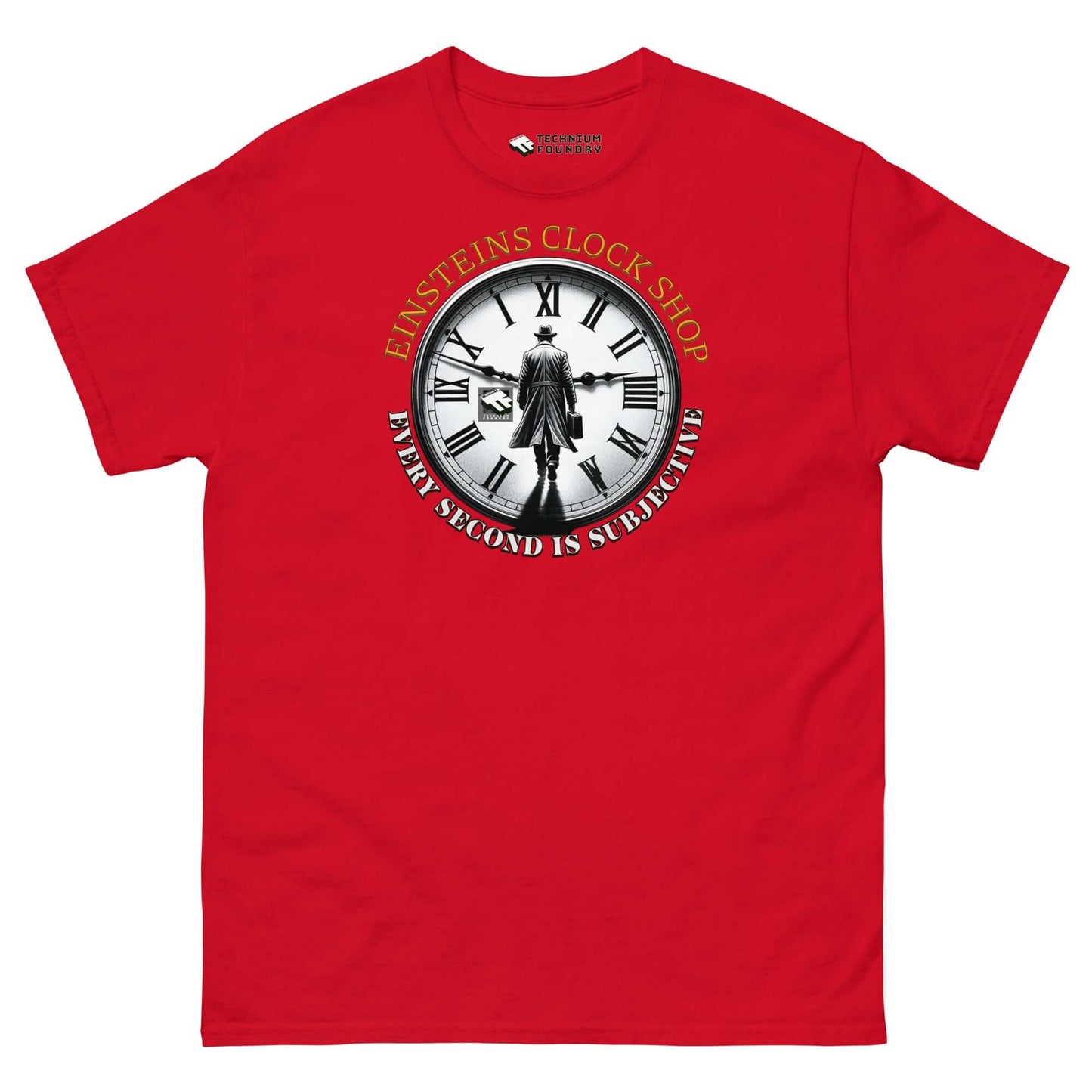 Red "Einstein's Clock Shop" T-shirt with a playful design of Einstein at a clock, highlighting subjective time and relativity.