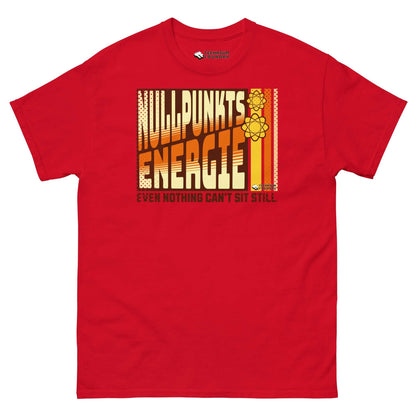 Red T-shirt featuring a retro-styled zero-point energy design with 70s typography and atomic elements.