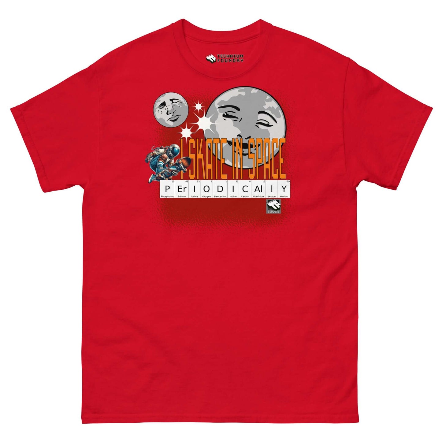 Red t-shirt with periodic table elements spelling "Periodically," featuring a moon and astronaut skating in space design.