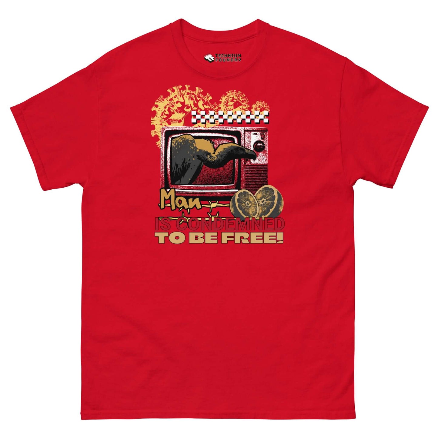 Red T-shirt with vintage TV design featuring crow and text "Man is Condemned to be Free" by Technium Foundry.