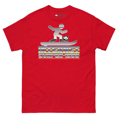 Red Internet Surfer 1999 T-shirt featuring chrome digital wave design by Technium Foundry with retro typography.