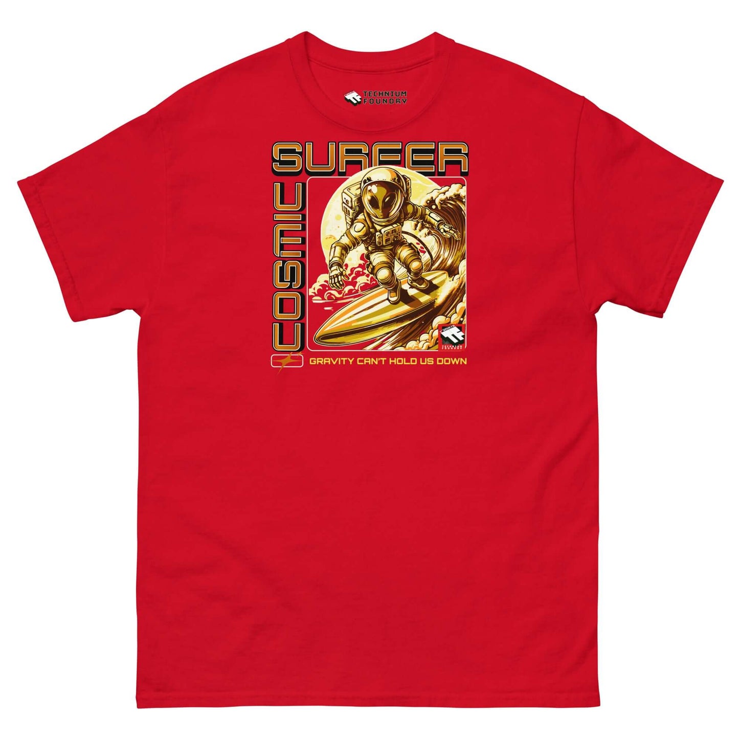 Red Cosmic Surfer T-Shirt with astronaut surfing in space, featuring gold retro-tech design and "Gravity Can't Hold Us Down" tagline.