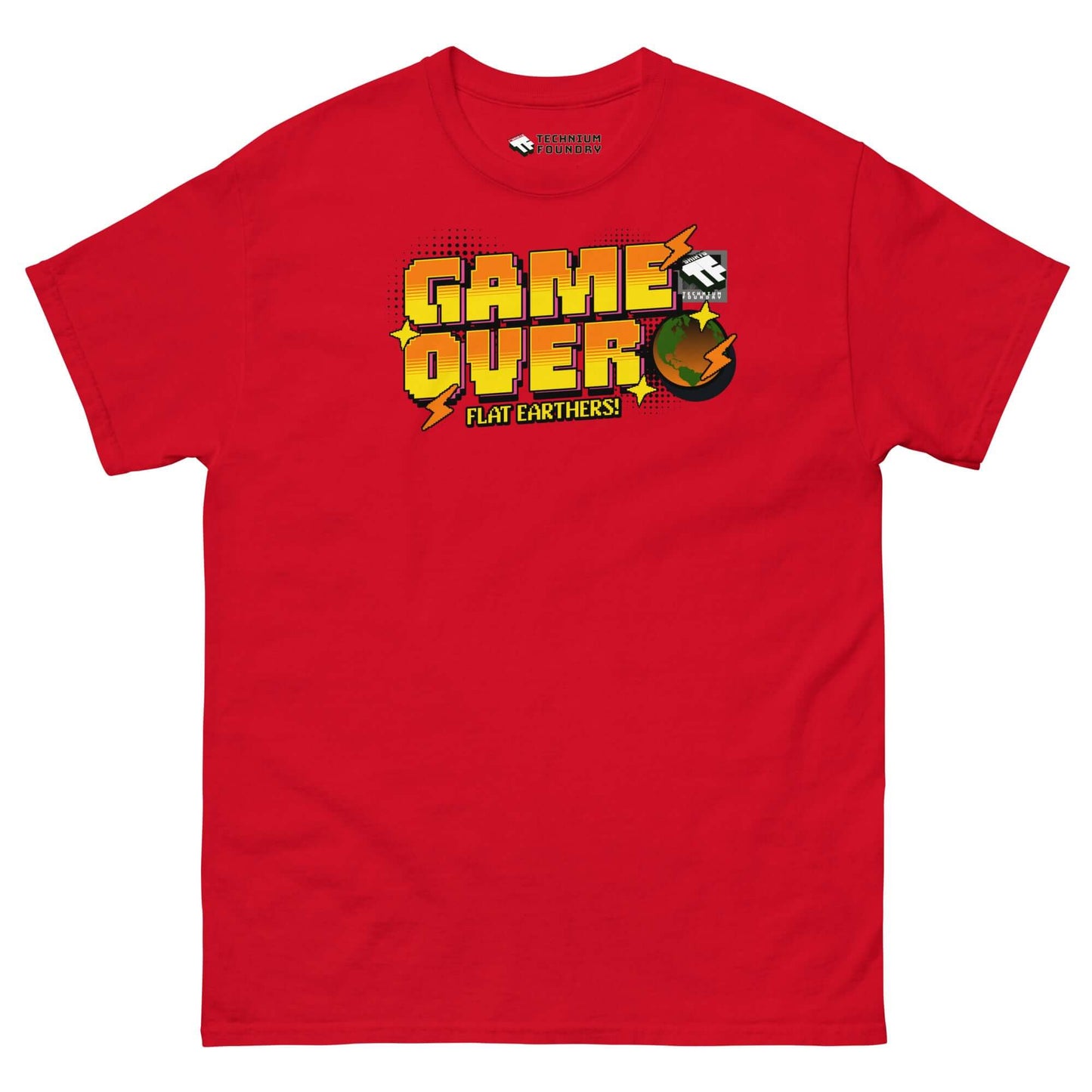 Red "Game Over, Flat Earthers!" T-shirt with pixelated Earth design and retro arcade style by Technium Foundry.