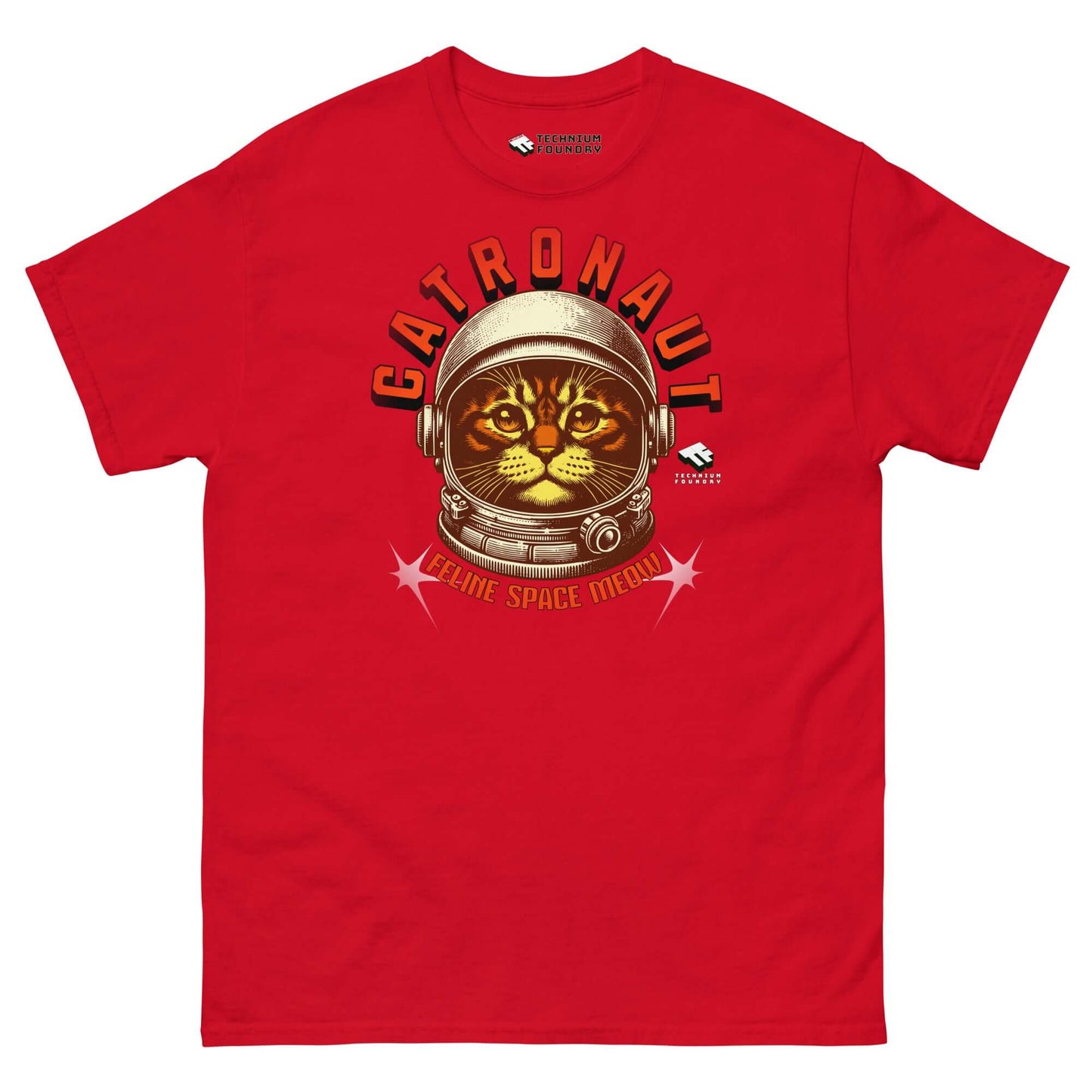 Red T-shirt featuring "Catronaut" design with a cat in a space helmet, from Technium Foundry's Feline Space Medal collection.