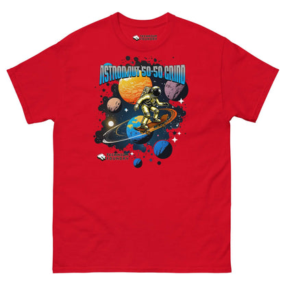 Red T-shirt featuring astronaut performing a 50-50 grind in space with colorful planets and the text "Astronaut 50-50 Grind."