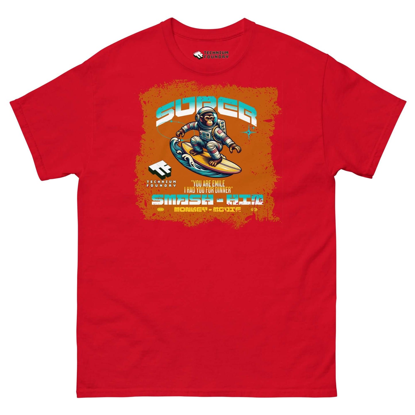 Red Super Smash & Click T-Shirt featuring an astronaut in a retro gaming style by Technium Foundry.