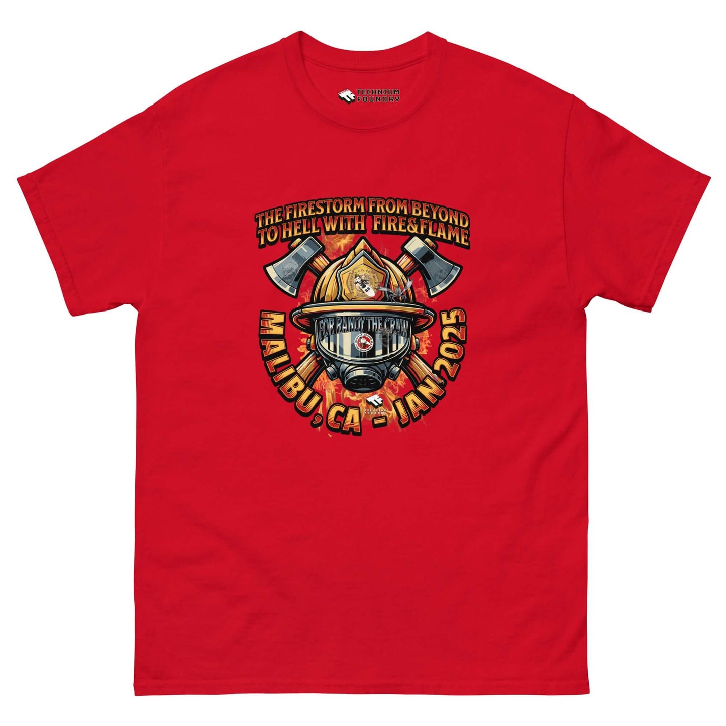 Red LAFD support t-shirt featuring "The Firestorm From Beyond" design with helmet and axes, honoring firefighters in Malibu.