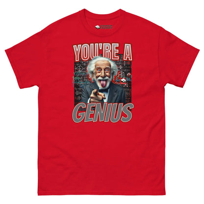 Red "You're A Genius" T-shirt featuring Einstein with tongue-out expression and chalkboard equations by Technium Foundry.