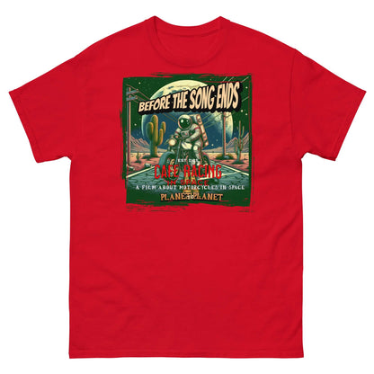 Red Cafe Racer Space T-Shirt with vintage astronaut and desert scene design in distressed green frame