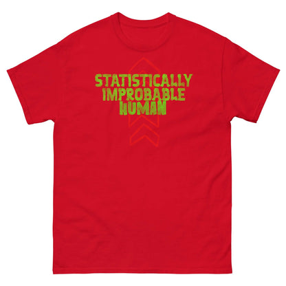 Red t-shirt with "Statistically Improbable Human" in green text and red arrows, perfect for math and science enthusiasts.