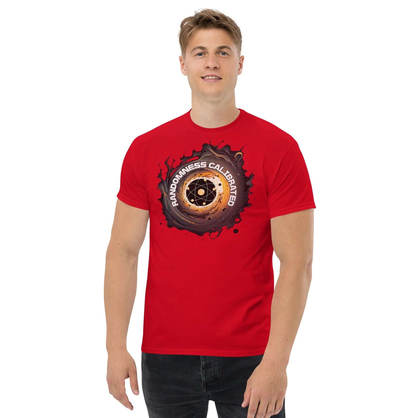 Red Quantum Physics T-Shirt with Randomness Calibrated Atom Design