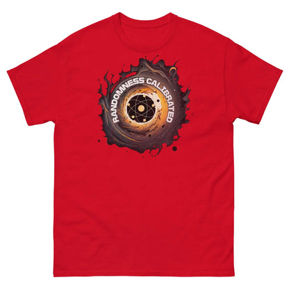 Red Quantum Physics T-Shirt with Atomic Vortex Design and "RANDOMNESS CALIBRATED" Text