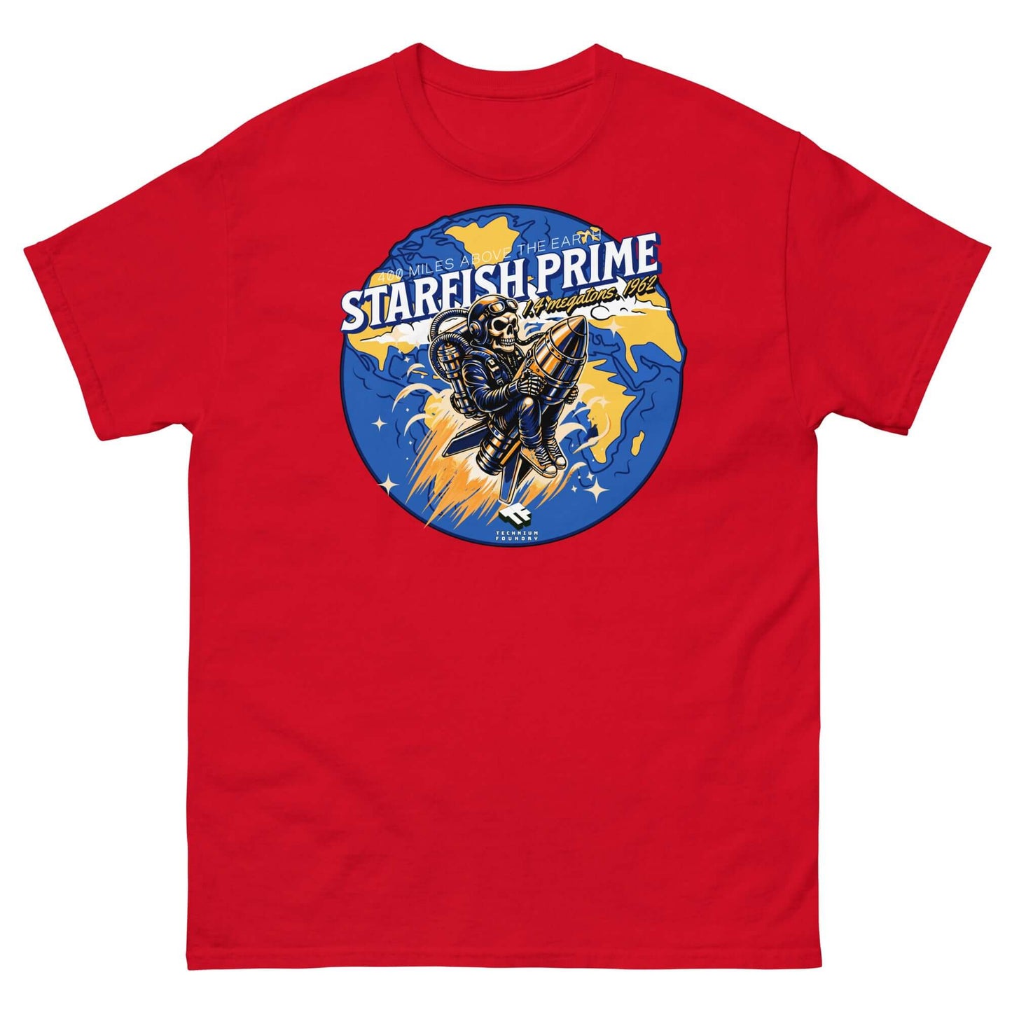 Red Starfish Prime T-shirt featuring retro space-suited figure on nuclear warhead, inspired by 1962 Operation Starfish Prime.