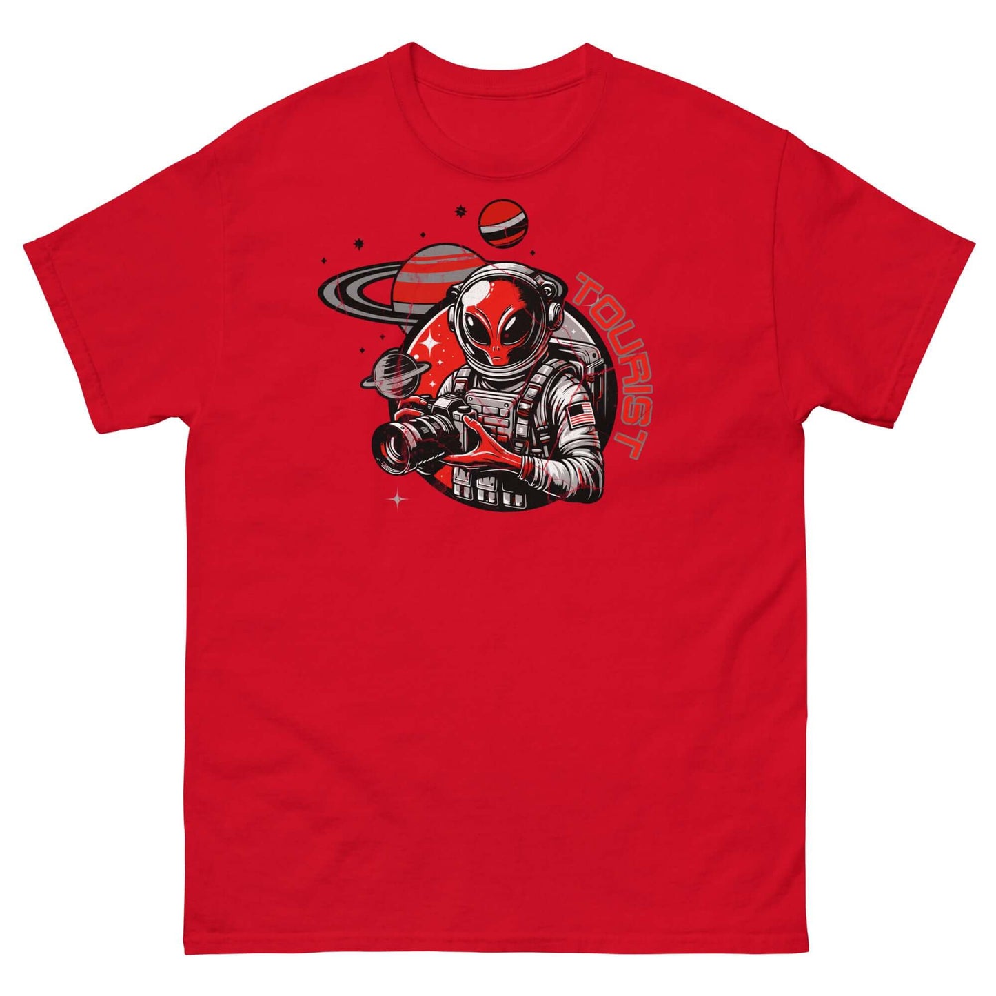 Red Space Tourist T-Shirt featuring alien taking photos in space suit with Saturn backdrop for alien vacation theme.