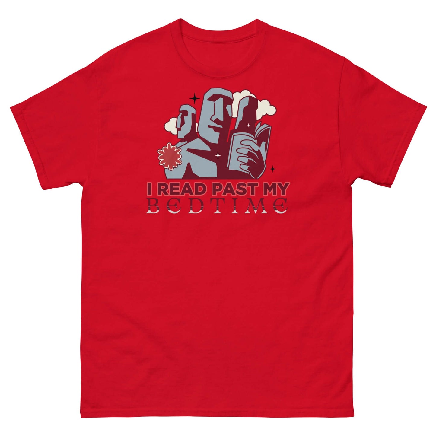 Red T-shirt with Easter Island moai heads as books, text "I READ PAST MY BEDTIME" in gray and dusky rose colors.