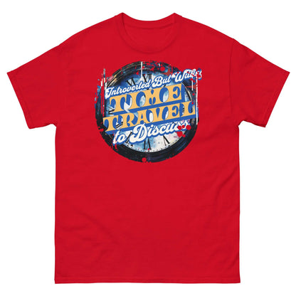 Red Introverted Time Travel T-Shirt with vintage circular design; perfect for physics lovers and introverts.