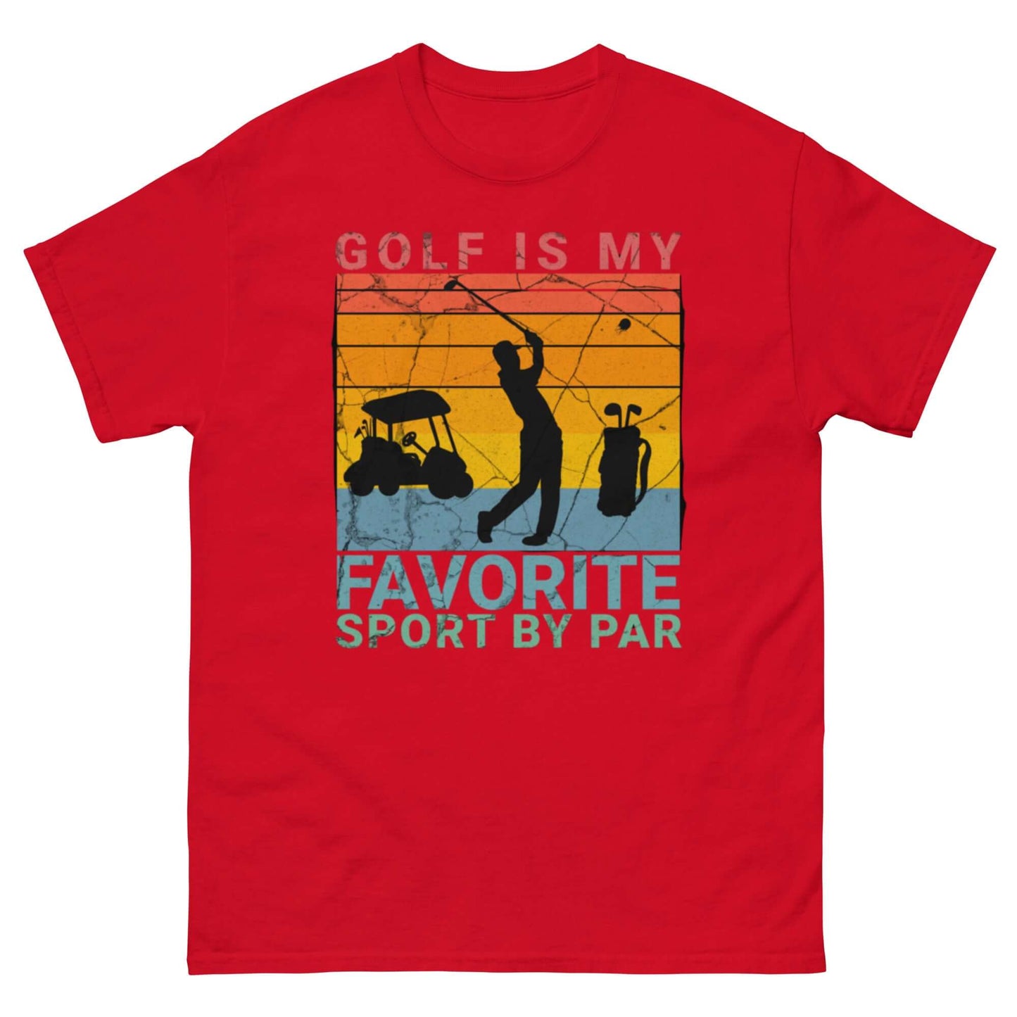 Red t-shirt with retro sunset, golfer silhouette, cart, bag, and text: 'Golf is My Favorite Sport by Par'. Perfect for golf enthusiasts.