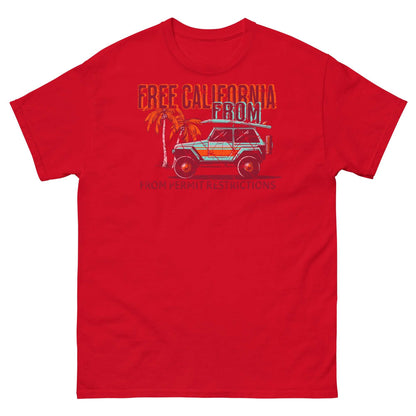 Red California surf t-shirt featuring a 4x4 vehicle and palm trees, symbolizing freedom and escape from permit restrictions.