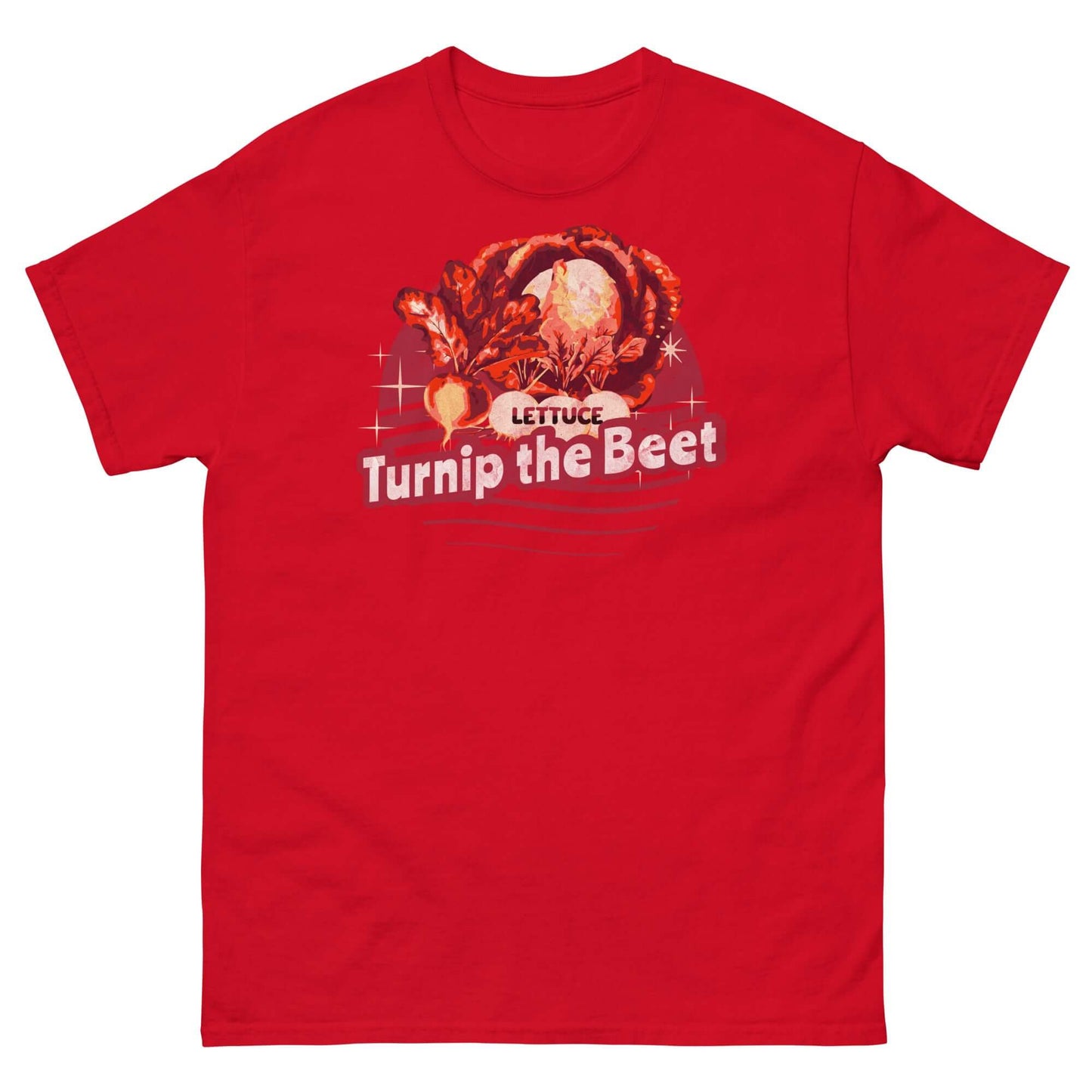 Red t-shirt featuring 'Lettuce Turnip the Beet' pun with a vegetable design and vintage style, perfect for veggie and wordplay lovers.