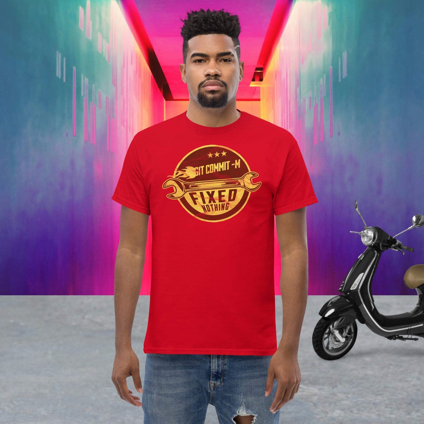 Man wearing Git Commit -m 'Fixed Nothing' T-Shirt with crossed wrenches design in colorful urban setting.