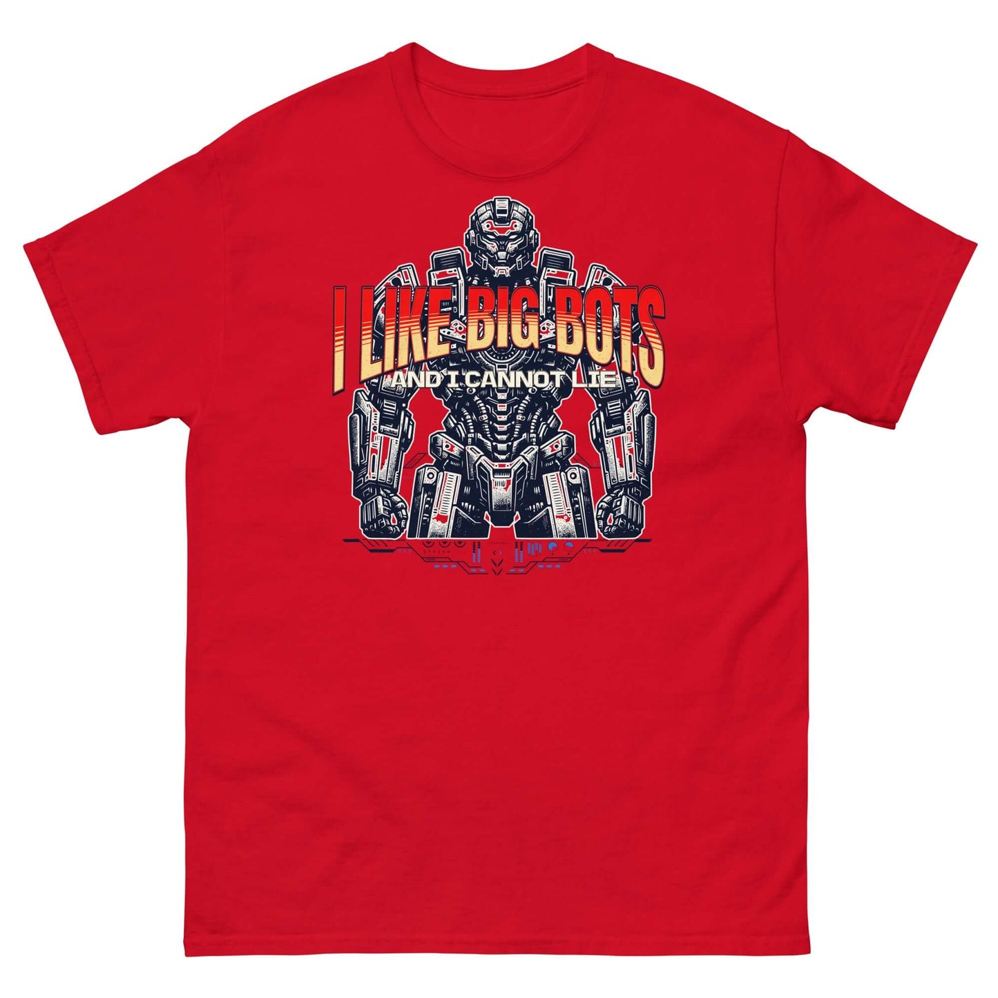 Red t-shirt featuring a large mech robot with text 'I Like Big Bots and I Cannot Lie', perfect for fans of oversized robotics.