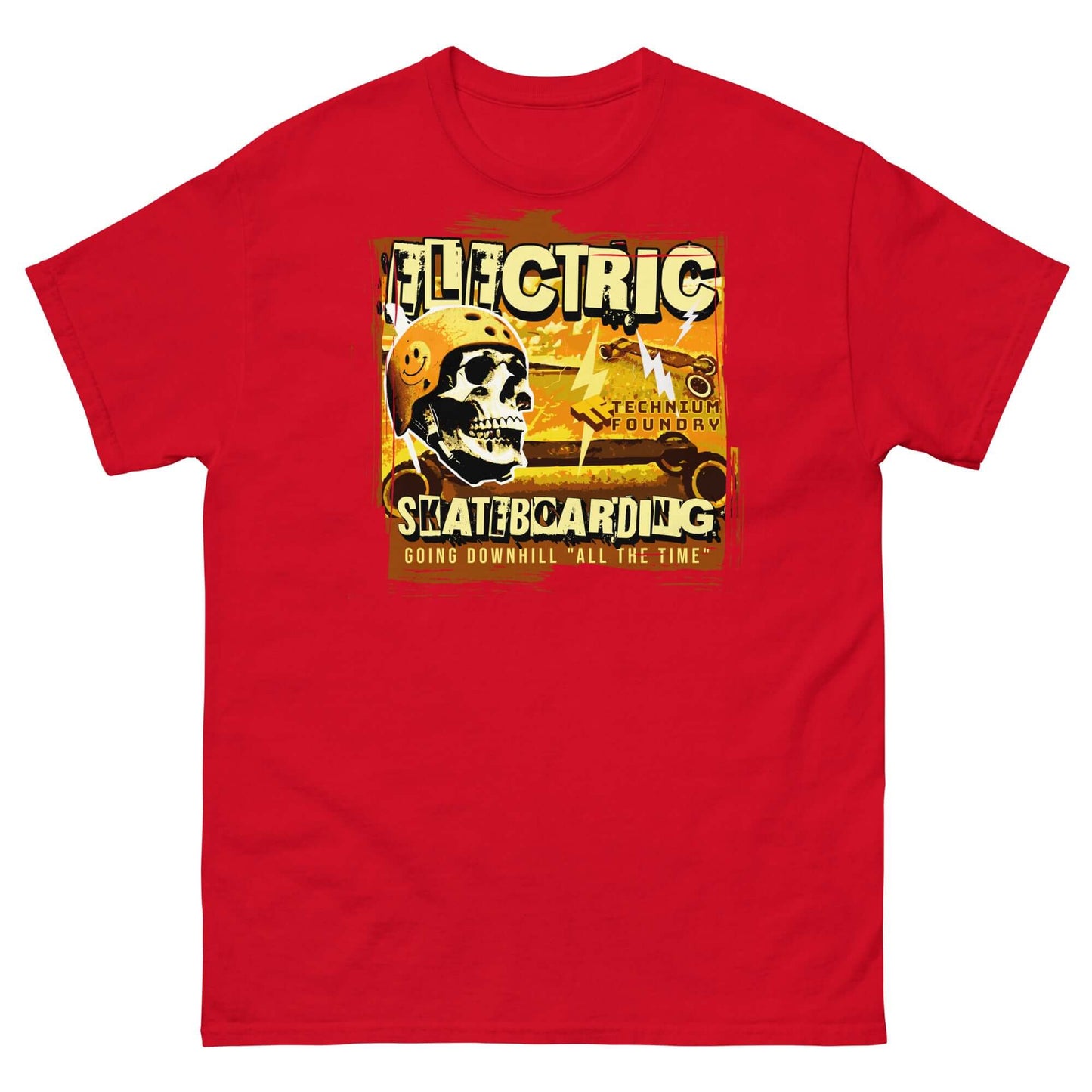 Red t-shirt featuring 'Electric Skateboarding' design with a skeleton and vintage warning poster aesthetic.