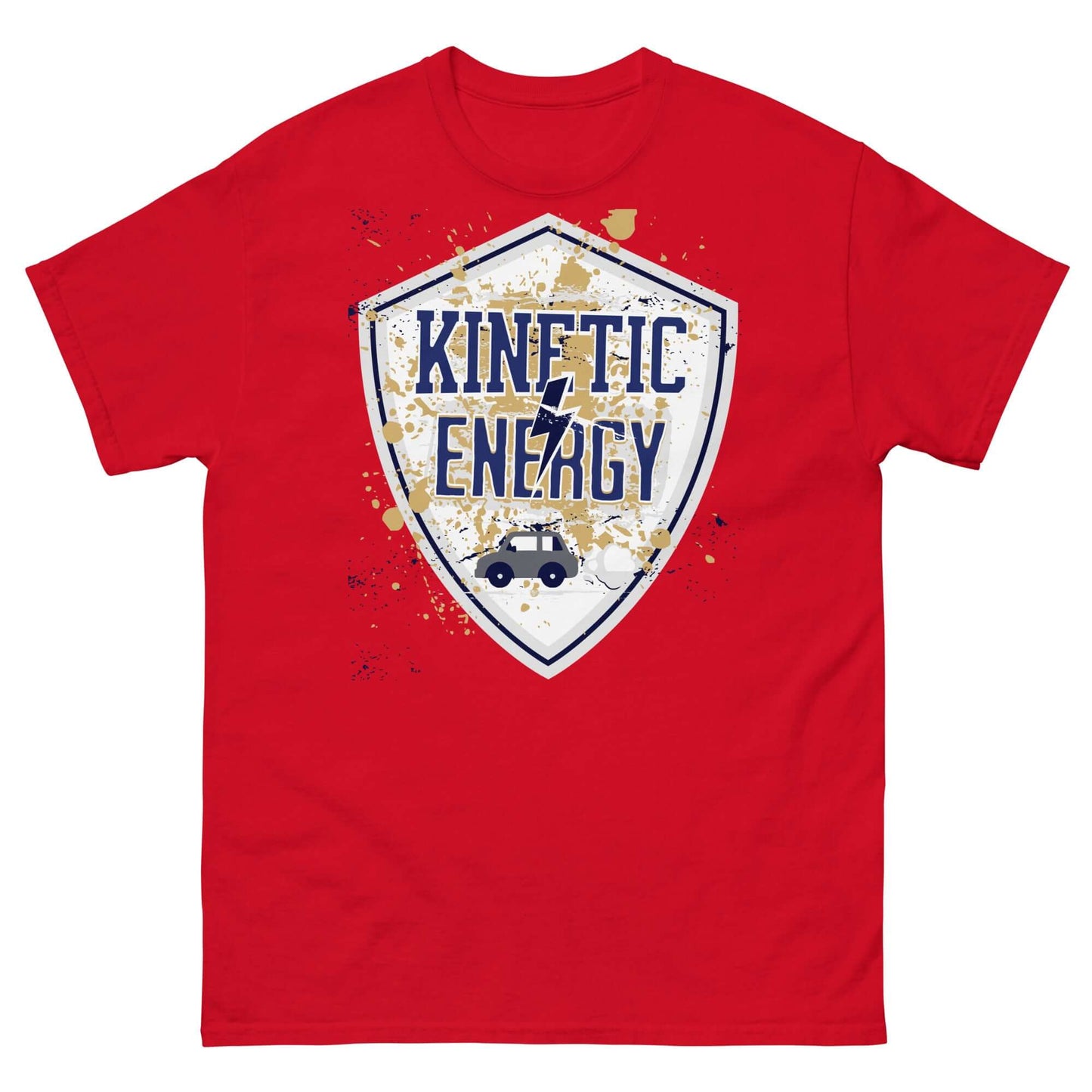 Red Kinetic Energy T-Shirt with vintage shield and car celebrating physics equation 1/2mv².