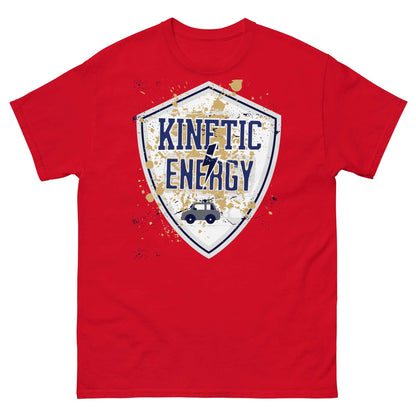 Red Kinetic Energy T-Shirt with vintage shield and car celebrating physics equation 1/2mv².