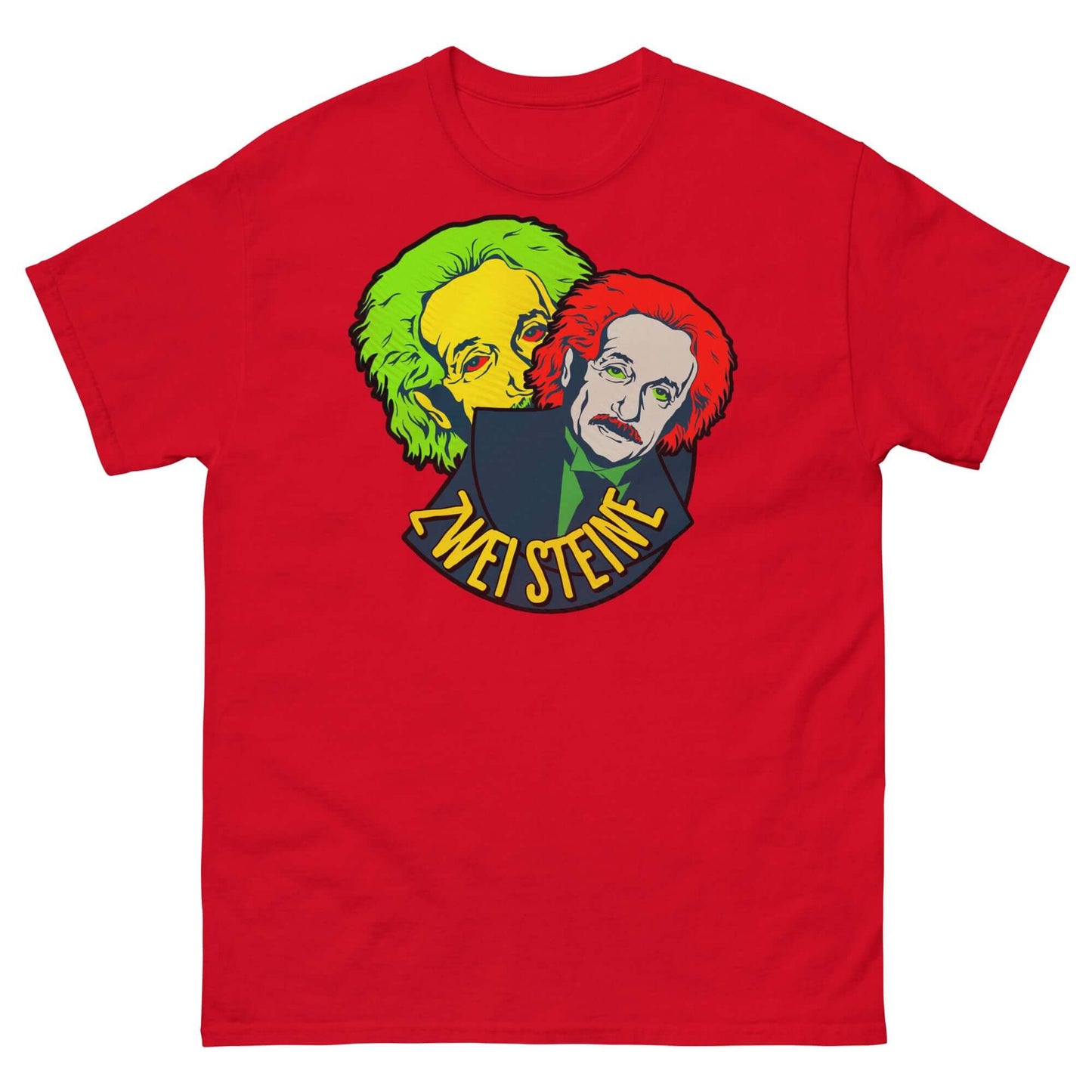 Red "Zwei Steine" T-Shirt with a humorous design of two Einstein figures, combining bilingual puns and physics humor.