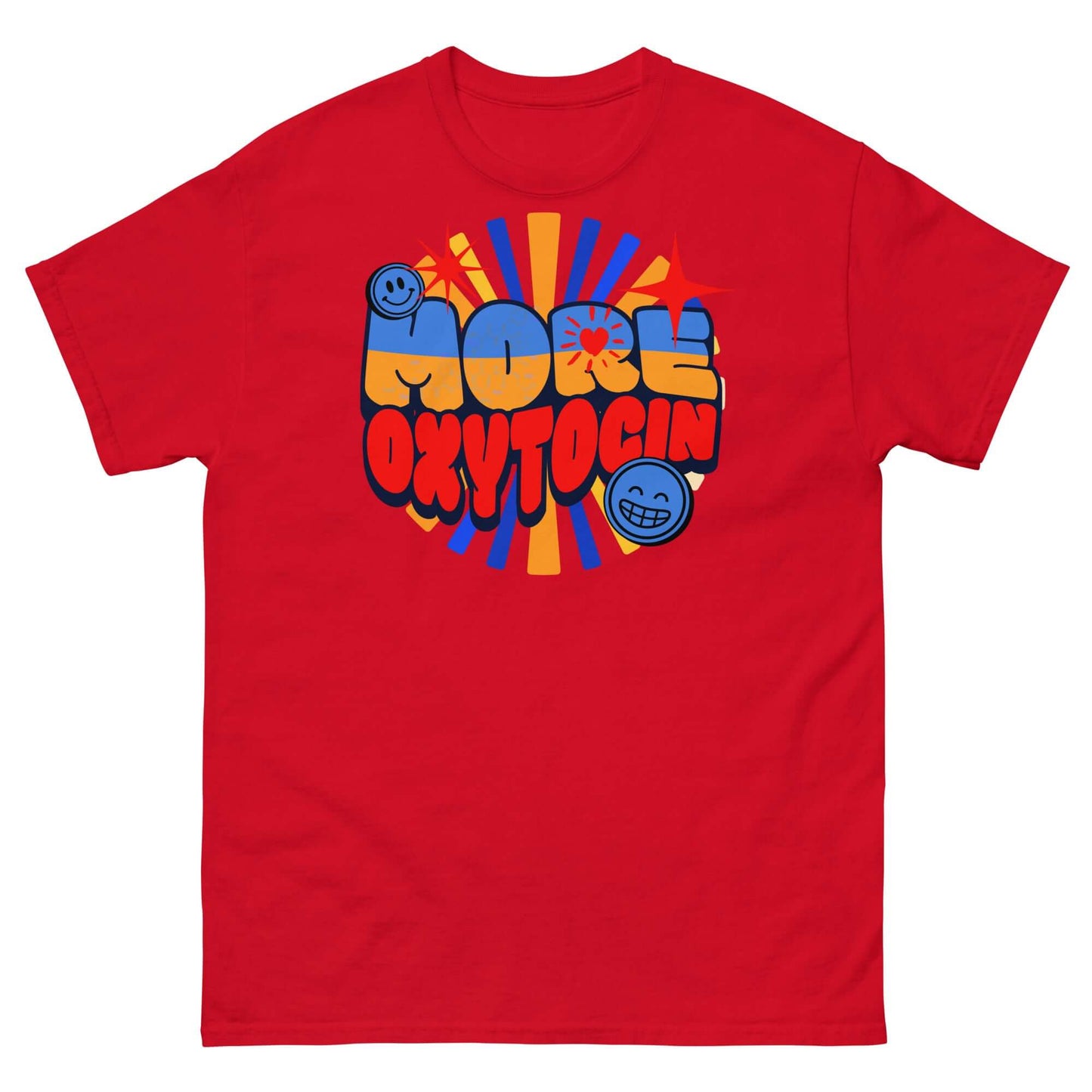 Red t-shirt with retro-style 'More Oxytocin' design featuring colorful bubble letters and playful graphics.