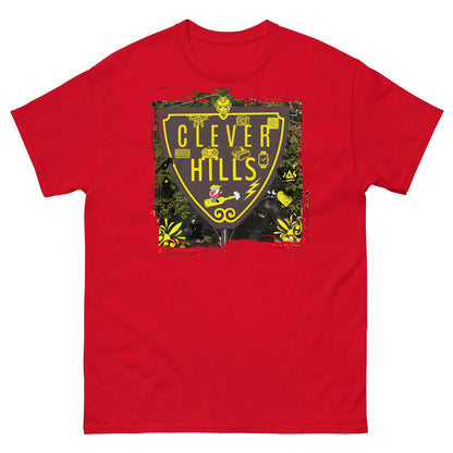 Red Clever Hills T-Shirt with shield design combining quantum mechanics and Beverly zip codes.