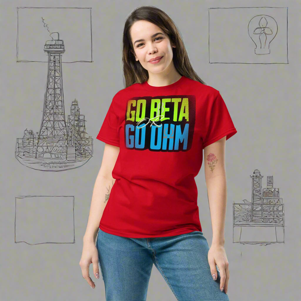 Woman wearing Go Beta Go Ohm T-shirt with physics and electricity-themed graphics.