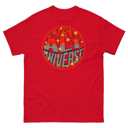 Red CTRL + ALT UNIVERSE T-shirt with cosmic design and stars, inspired by simulation theory and retro gaming.