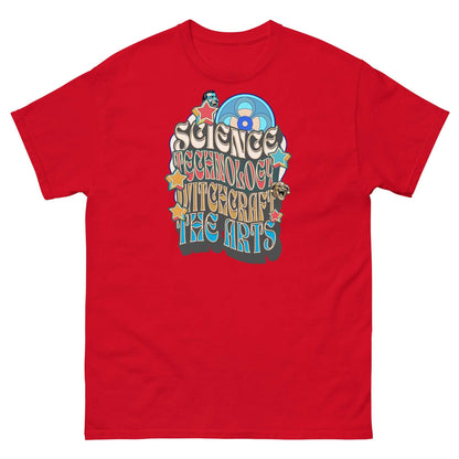 Red t-shirt with 'Science, Technology, Witchcraft & The Arts' psychedelic design for intellectual rebels, featuring sci-fi and mystical themes.