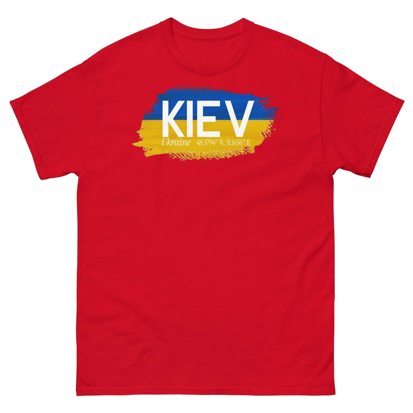 Kiev City Pride T-Shirt in red with Ukraine flag design, showcasing blue and yellow paintbrush strokes and 'Kiev' text.