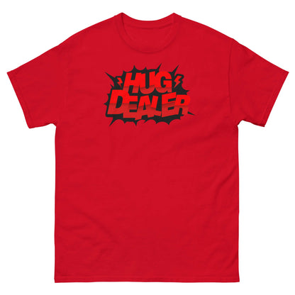 Red "Hug Dealer" T-shirt with bold comic book style design, perfect for embrace enthusiasts and emotional support advocates.