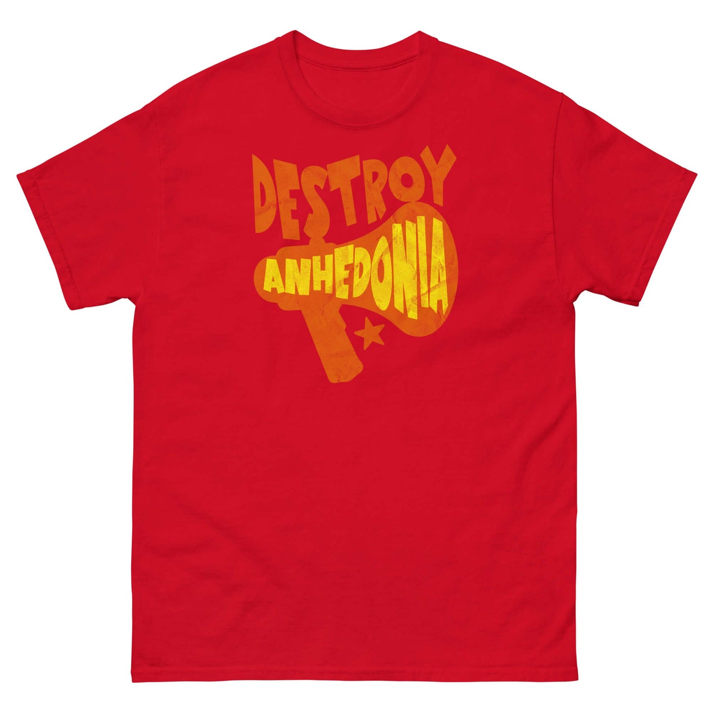 Red 'Destroy Anhedonia' t-shirt with bold yellow text promoting mental health activism and punk attitude.