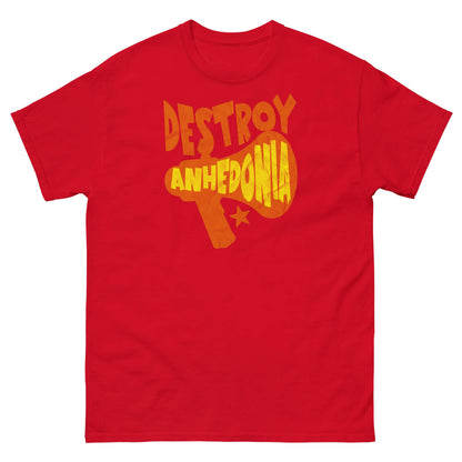 Red 'Destroy Anhedonia' t-shirt with bold yellow text promoting mental health activism and punk attitude.