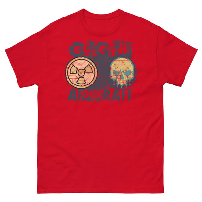 Red GEGEN ATOMKRAFT protest t-shirt featuring a radiation symbol and melting skull design, anti-nuclear power fashion statement.